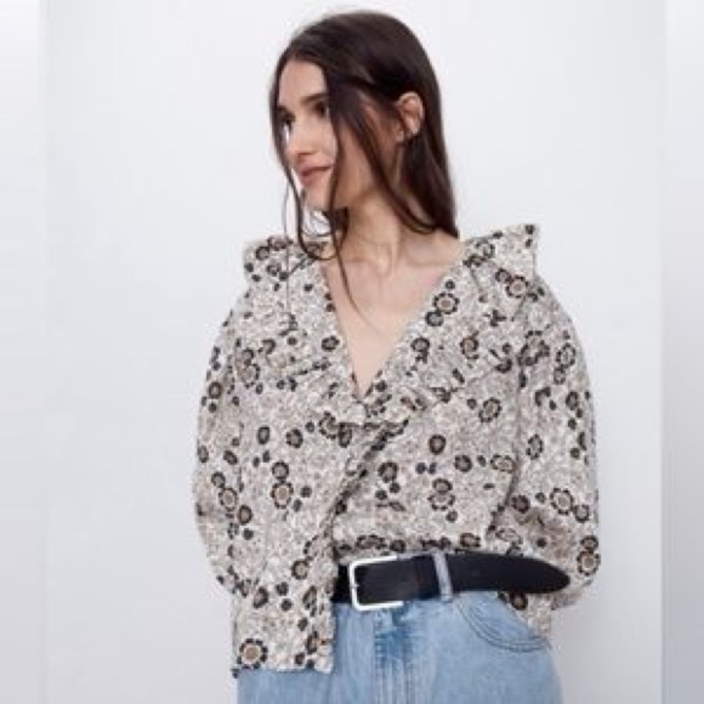 Zara Floral Ruffle Blouse - Black and Cream